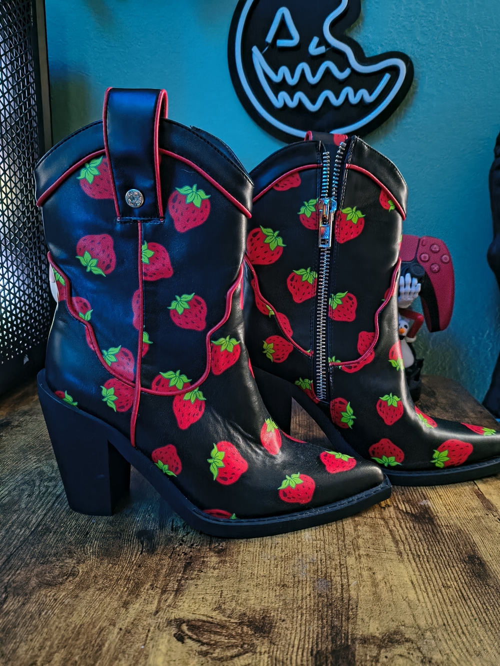 Dolls Kill x Strawberry Shortcake Black Strawberry-Print Cowgirl Ankle Boots
